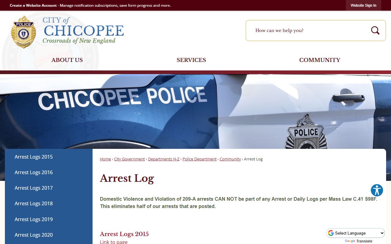 Chicopee Police arrest log archive page for recent arrests
