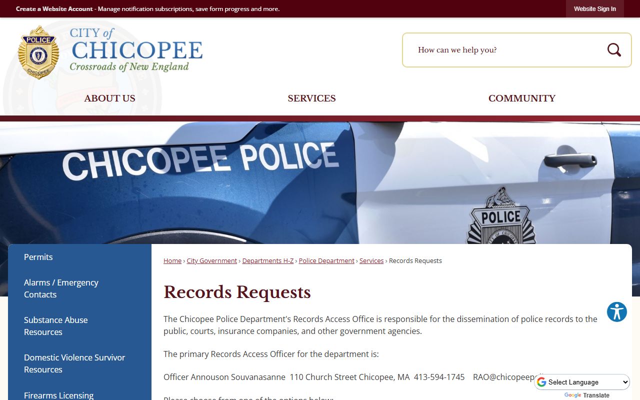 Chicopee Police records requests page for recent arrests