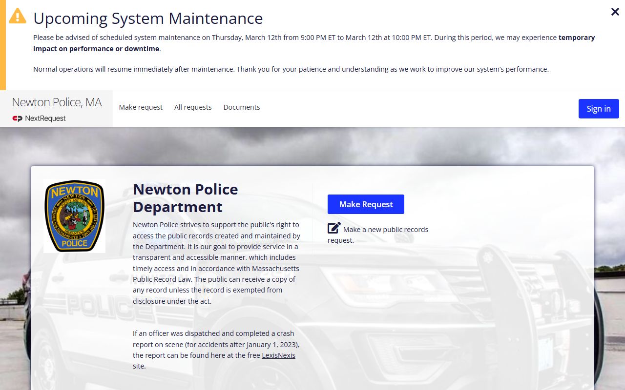 Newton Police NextRequest records portal for recent arrests