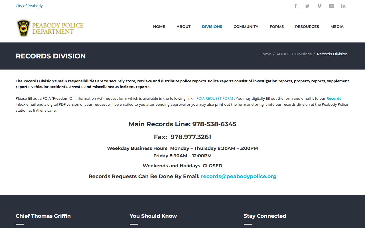 Peabody Police Records Division page for recent arrests