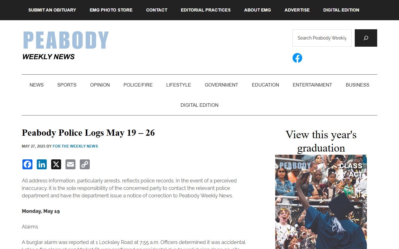 Sample Peabody police log showing recent arrests