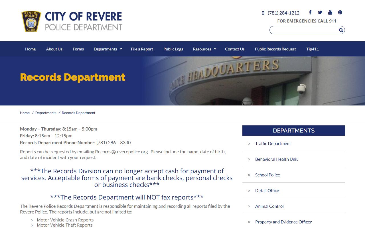Revere Police Records Department page for recent arrests