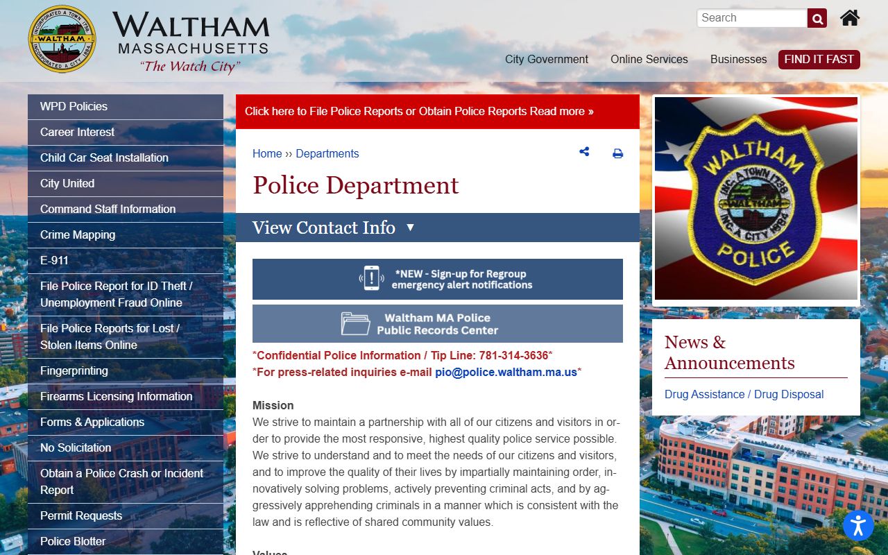 Waltham Police Department website for recent arrests