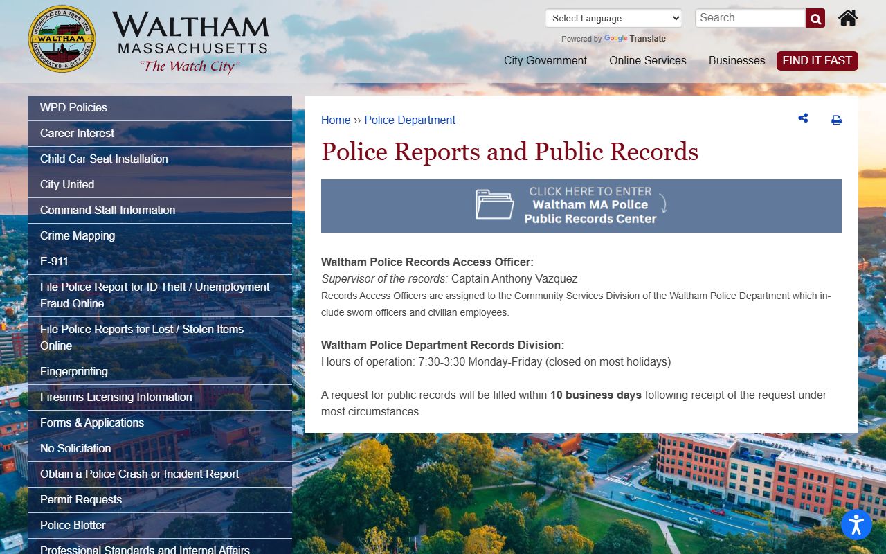 Waltham Police records request page for recent arrests
