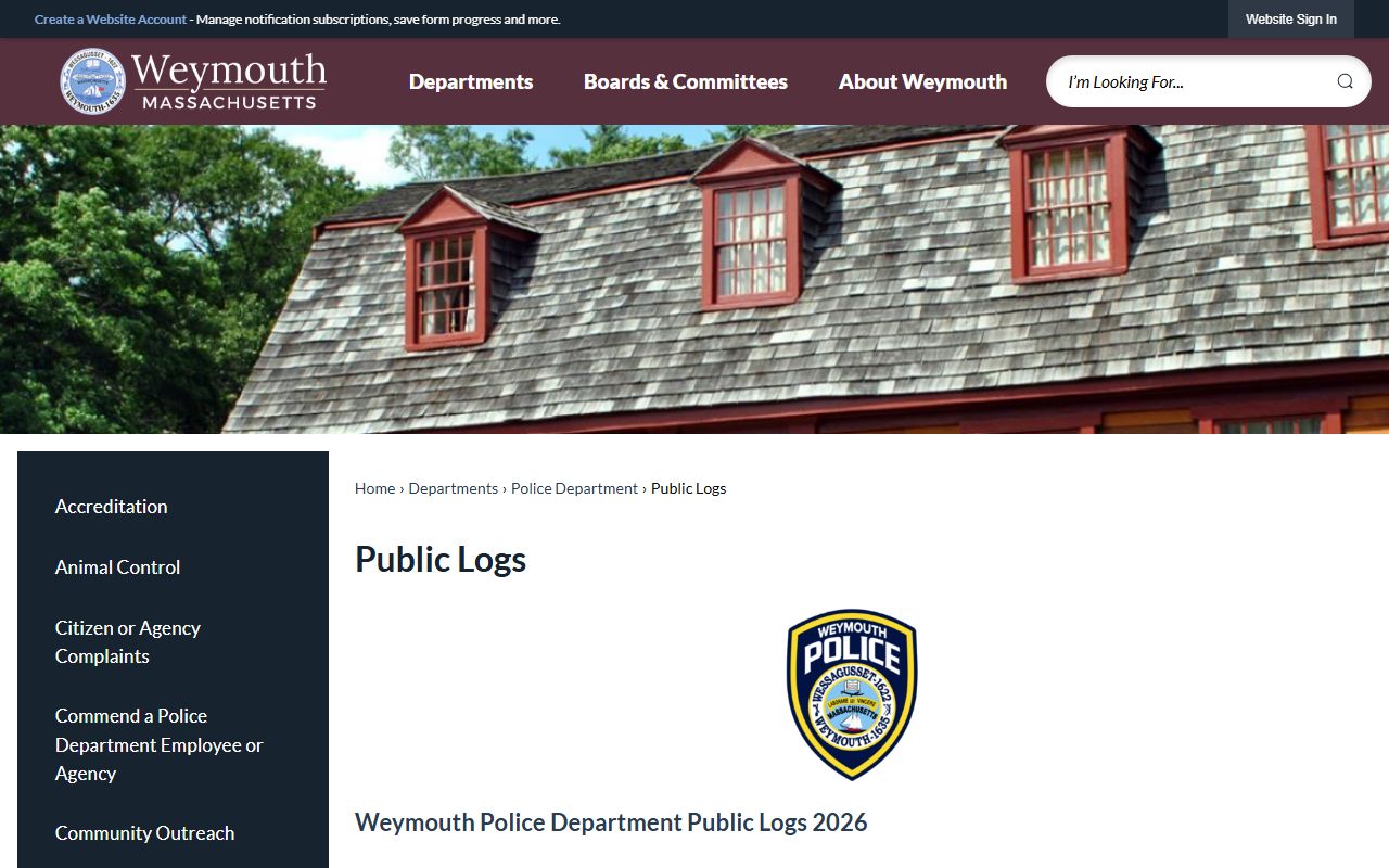 Weymouth Police public logs page for recent arrests