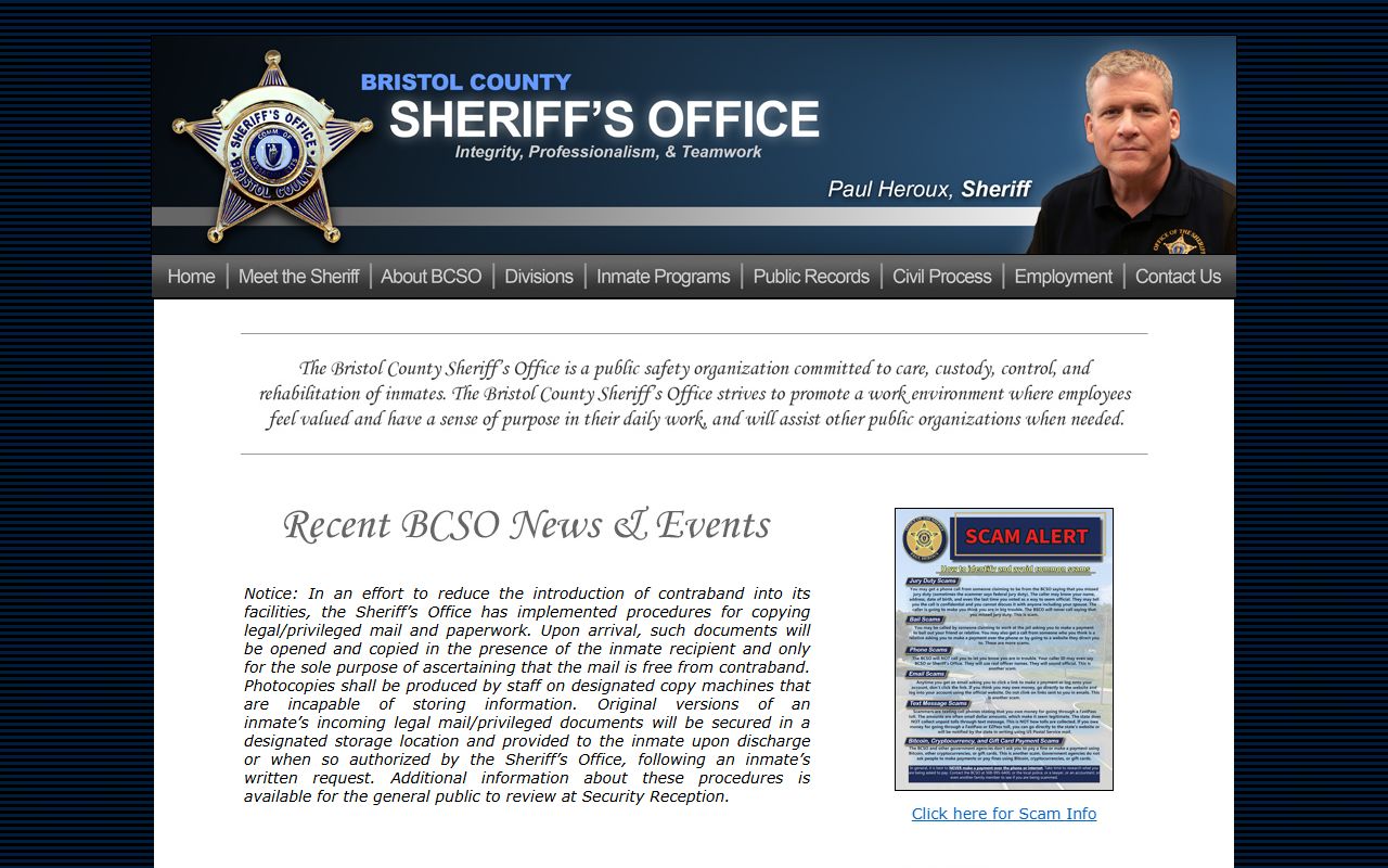 Bristol County Sheriff homepage for recent arrests information