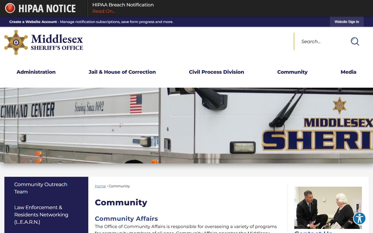 Middlesex County Sheriff contact page for recent arrests inquiries