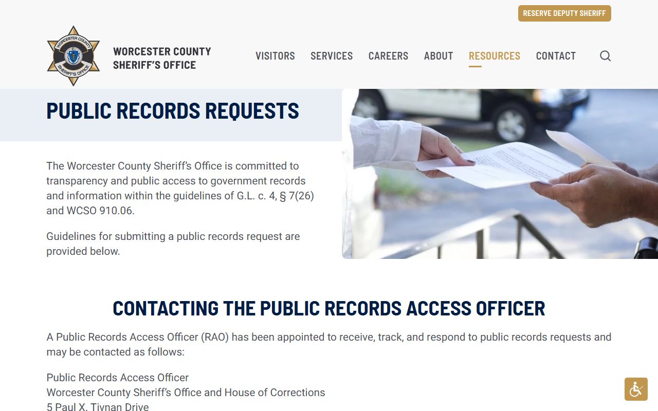 Worcester County Sheriff public records request page for recent arrests