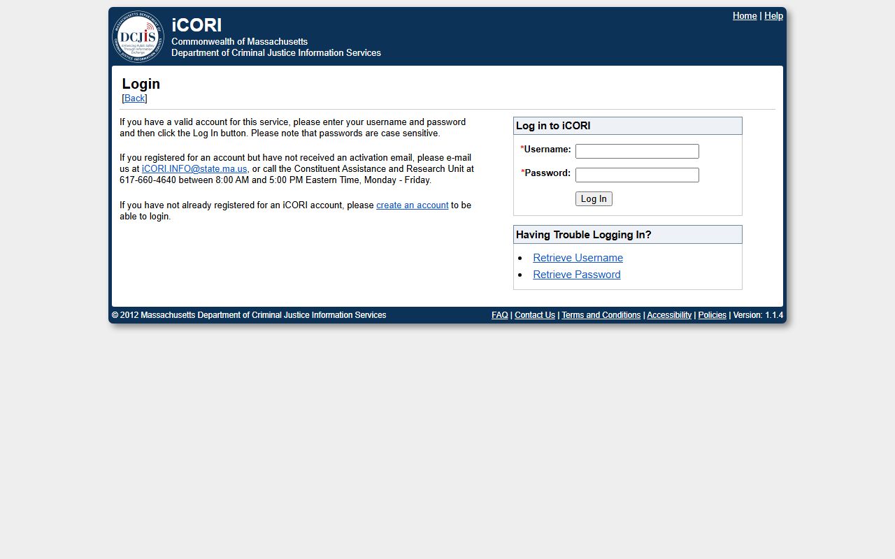 Massachusetts iCORI login portal for recent arrests searches