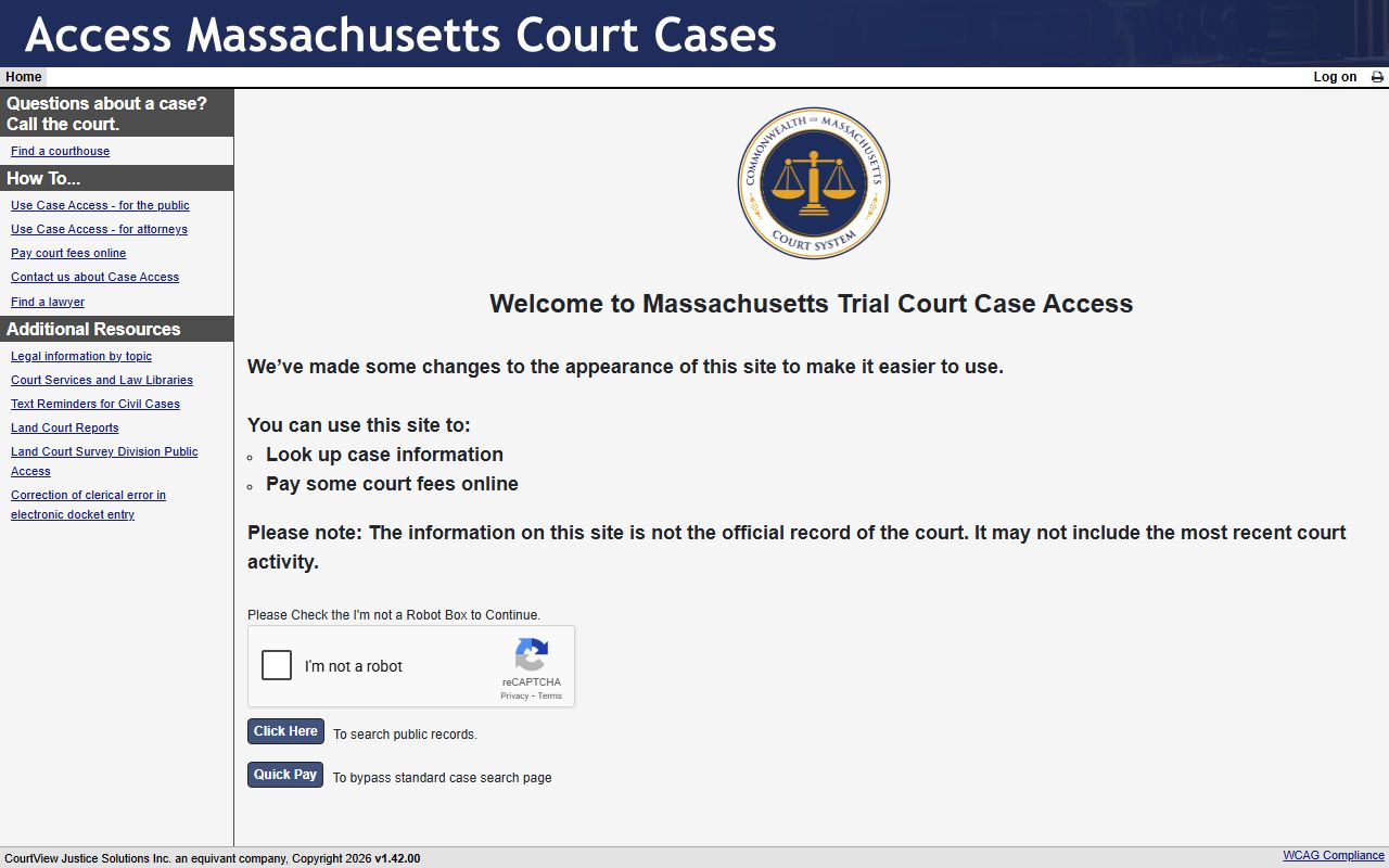 Massachusetts Trial Court portal for searching recent arrests records